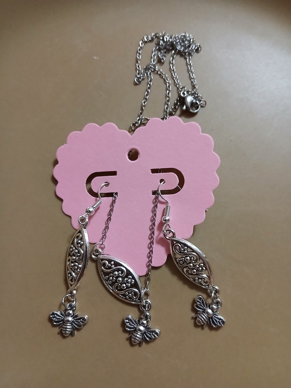Silver Bee Dangle Earrings and Necklace Set - Silver